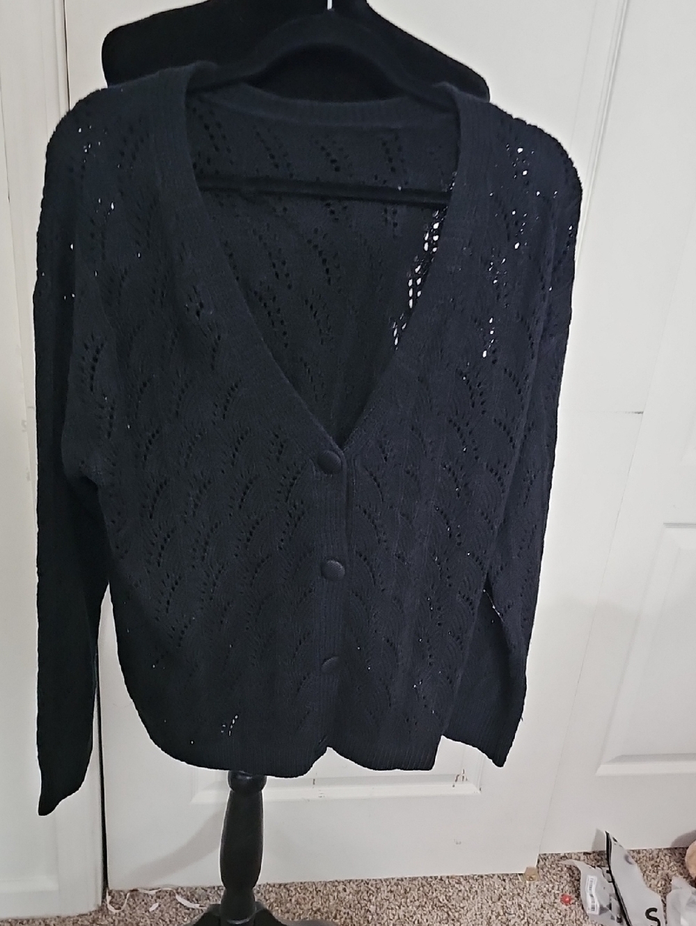 Women's Black Open-Knit Button Cardigan Sweater